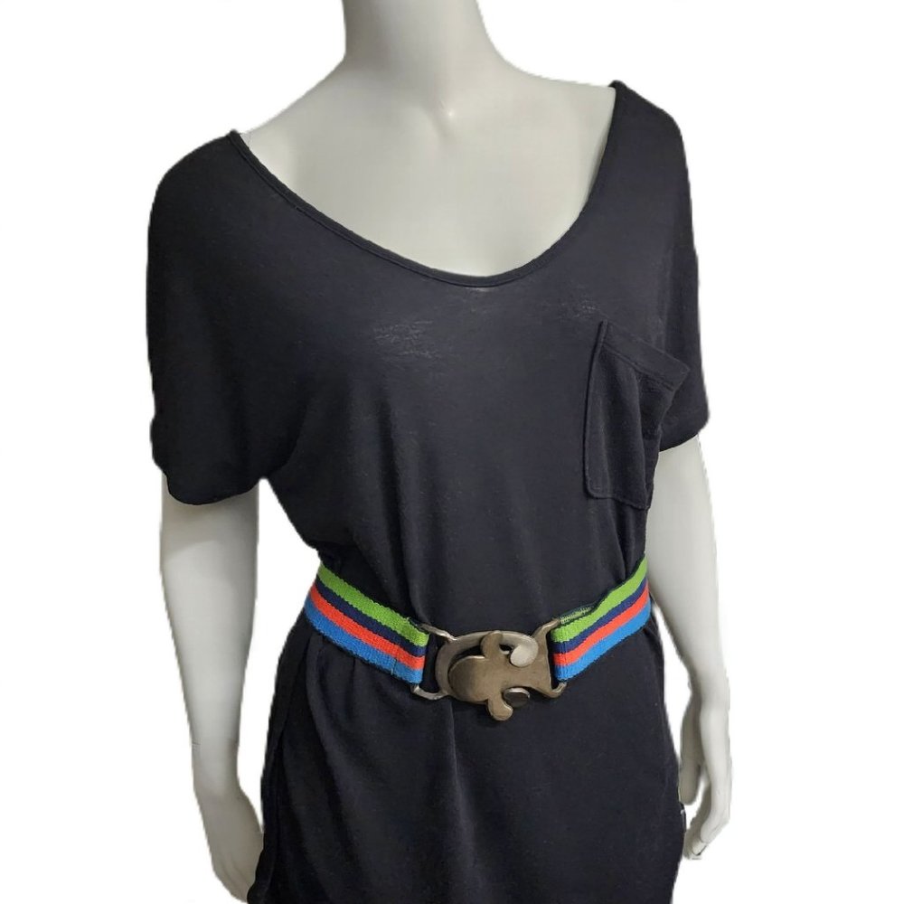 Vintage Rainbow Striped Belt Metal Interlocking Buckle Unique Retro Unisex M L